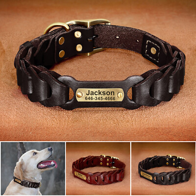 #ad Genuine Leather Braided Dog Collar with Custom Name Plate Heavy Duty Buckle L XL $15.99