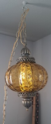 #ad Lovely Amber Glass LARGE Vintage Light Swag Hanging Lamp Retro MCM See Photos $295.00