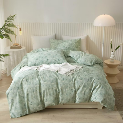 #ad Queen Duvet Cover Light Green Floral 100% Cotton Comforter Cover Botanical Fresh $78.26