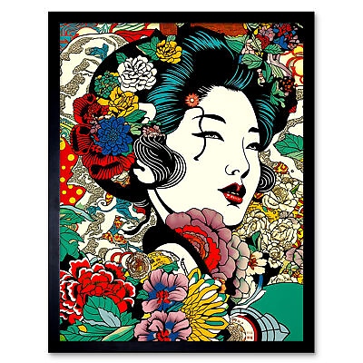 #ad Modern Geisha Portrait Flower Patterns Bright Japan Framed Art Picture 12x16 $23.49