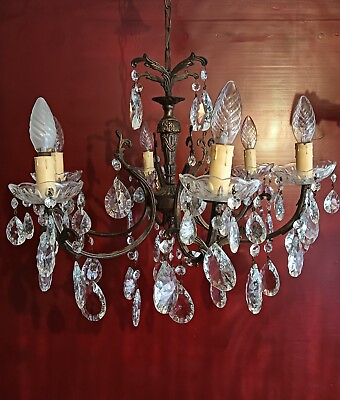 #ad #ad Vintage antique Spanish brass crystal chandelier 6 light 1970s EH9006 5 $298.00