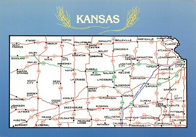 #ad Postcard KS Kansas Map Cartography The Sunflower State Roads and Highways Wheat $6.01
