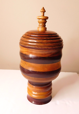 #ad Carved turned hard wood lidded jar 13quot; boho MCM $28.00