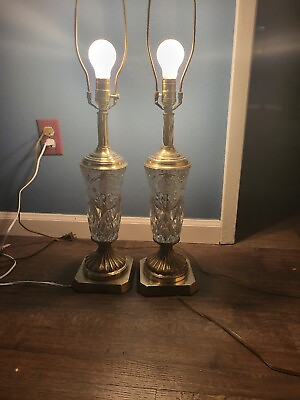 #ad Pair Vintage Urn Style Crystal Table Lamps 30” Tall flower cut brass $400.00