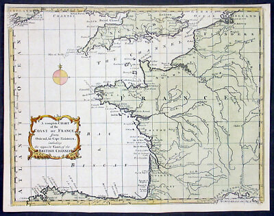 #ad 1750 John Gibson Antique Map of France amp; English Channel Gentlemens Magazine $60.49