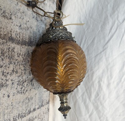 #ad Vintage MCM Amber Glass Globe Hanging Hollywood Regency Swag Lamp Disco $89.00