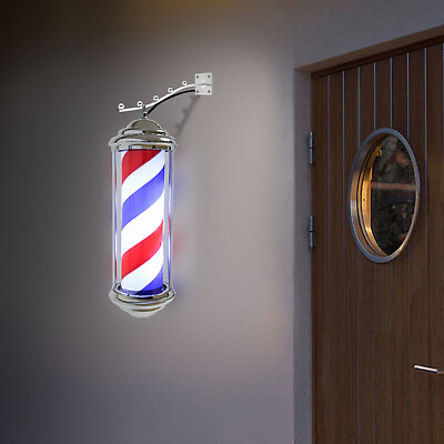 #ad 35cm Hair Salon Sign Red Blue White Stripes Barber Shop Pole LED Rotating Lamp $52.87