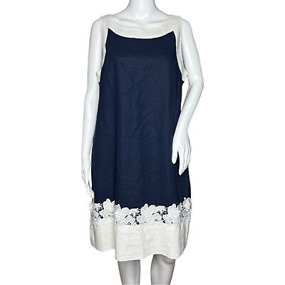 #ad Eliza J Shift Dress Navy Blue White Sleeveless Crochet 3D Flowers White Trim 14 $43.92