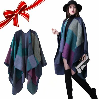 #ad Women#x27;s Color Block Shawl Wrap Open Front Poncho Plaid Sweater Poncho Cape $43.70