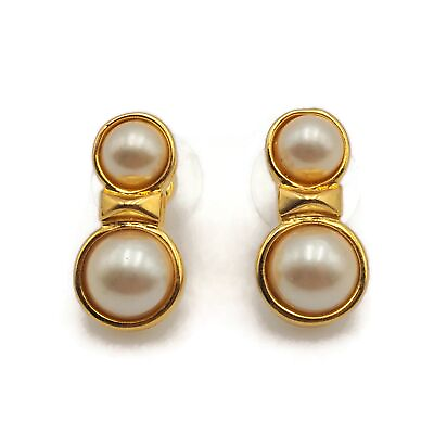 #ad Vintage Liz Claiborne Gold Tone Double Faux White Pearl Post Fashion Earrings $18.99