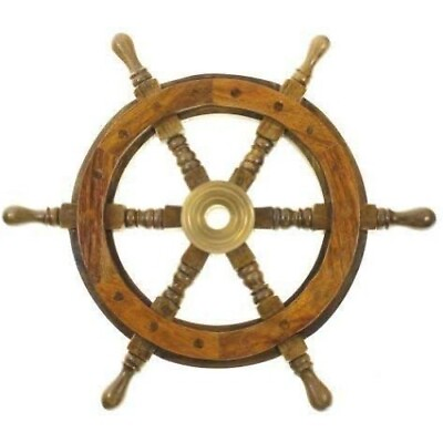 #ad 12quot; Vintage Boat Ship Steering Wheel Brass Hub Wood Wooden Decor Nautical Pirate $22.70