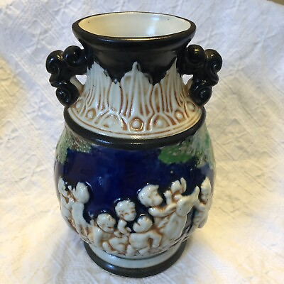 #ad Vintage Cobalt Blue White Cherubs Angels Vase Italian Capodimonte Style Japan $75.00
