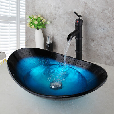#ad RE Oval Bathroom Tempered Glass Basin Set Vessel Vanity Sink Bowl amp; mixer Faucet $129.99