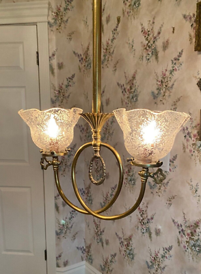 #ad ANTIQUE TWO ARMED BRASS HANGING LAMP LIGHT CHANDELIER w CLEAR ETCHED SHADES $425.00