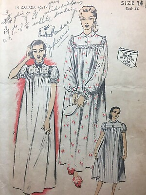 #ad 1940s ADVANCE Pattern Nightgown Long High Neck HOUSE DRESS #6258 Sz 14 B 32 $16.99