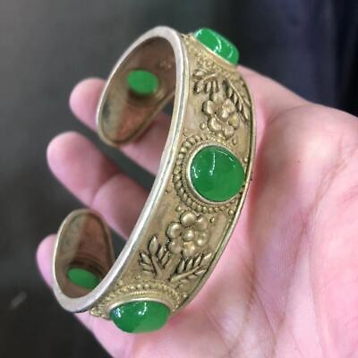#ad Chinese Retro Tibetan Silver Bracelet Inlaid Emerald Carving Open Wide Bracelet $34.19
