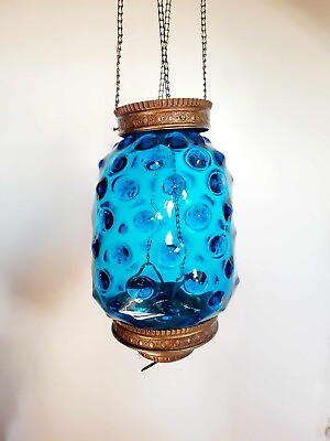 #ad Antique Large Hanging Library Oil Lamp With Blue Hobnail Glass Shade 34quot; $279.95