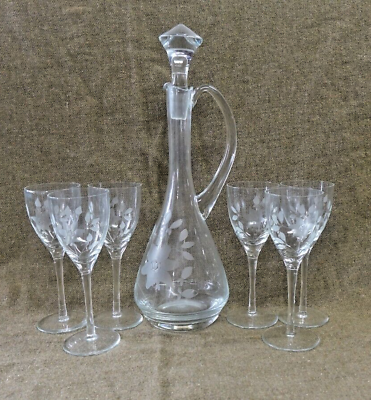 #ad Vintage Glass Decanter With Lid Stopper amp; 6 Glasses 15.5quot; Tall Etched Flowers $33.00
