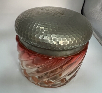 #ad Baccarat Rose Tiente French Swirl Antique Dresser Jar with Metal Top c 1930 $148.75