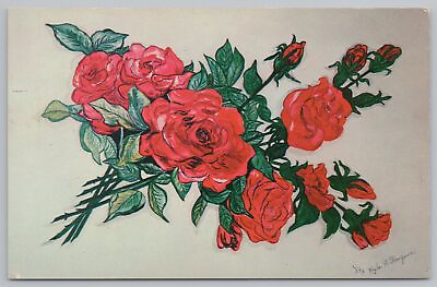 #ad Greetings Mouth Artist Nyla Thompson Bunch Of Red Roses Water Color Vintage PC $1.35