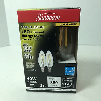 #ad Sunbeam Trulook LED Filament Light Bulbs 2 Pack Warm White 4 Watts 40W Replace $5.99