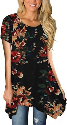 #ad MIROL Womens Tunic Top Short Sleeve Floral Print Irregular Hem Loose Fit XXL $14.00
