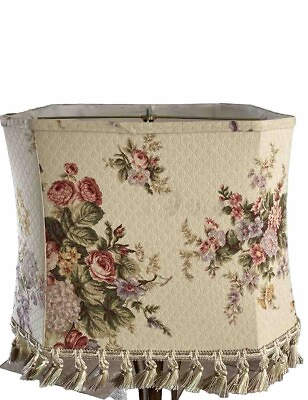 #ad VINTAGE FLORAL SHABBY CHIC LAMP SHADE Large Cottagecore Fringe Lined Victorian $69.97