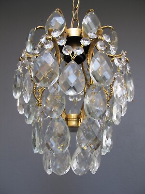 #ad Antique French Cage Style Bohemia Crystal Chandelier Ceiling Lamp 1940#x27;s $370.00