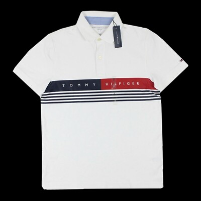 #ad Tommy Hilfiger Men#x27;s Classic Signature Stripe Polo Shirt White 78J9653 100 $29.99
