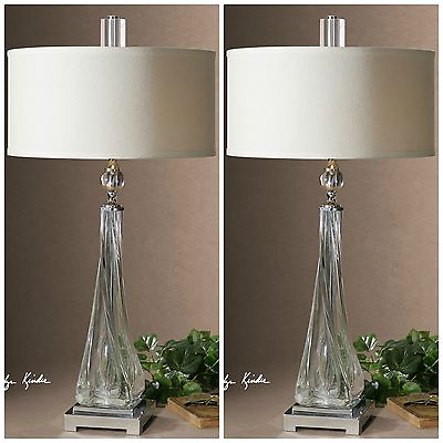 #ad TWO MODERN THICK TWISTED GLASS NICKEL METAL TABLE LAMPS $856.46