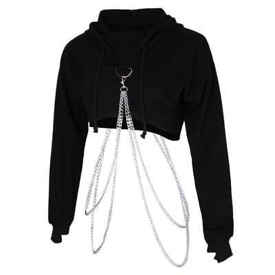 #ad Women#x27;s Black Long Sleeve Pullover Crop Top Hoodie $26.28