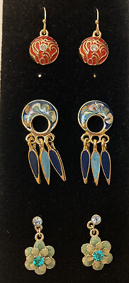 #ad 3 Enamel Pierced Earrings Stud Dangle Flower Blue Red Swirl Small Dainty $9.99