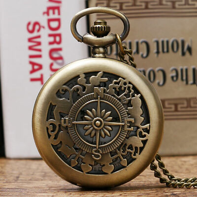 #ad Vintage Hollow Out Compass Design Men Women Quartz Pocket Watch Necklace Chain GBP 3.99