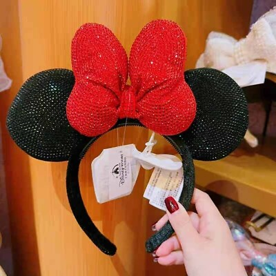 #ad Authentic Disney Crystal Minnie Mouse Ear Headband Black Red Shanghai Disneyland $56.95