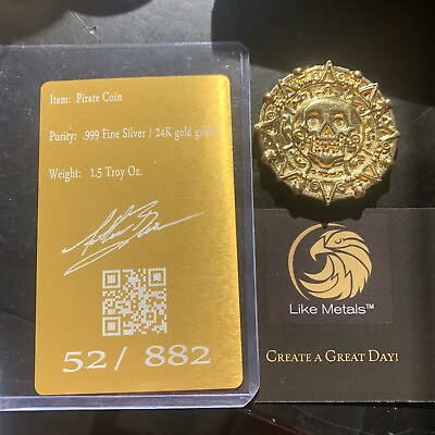 #ad Rare Gold Gilded Pirate Skull 🏴‍☠️ Coin 1.5 ounce .999 Silver oz Cast Caribbean $88.81