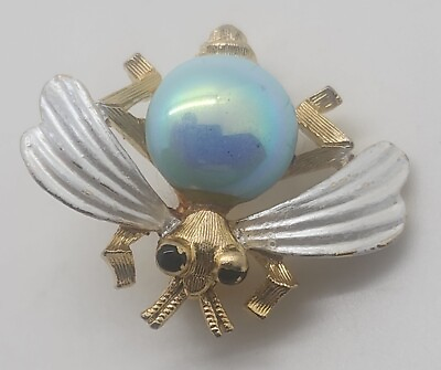 #ad Vintage JJ Jonette gold tone BEE beetle bug blue amp; white brooch pin $18.50