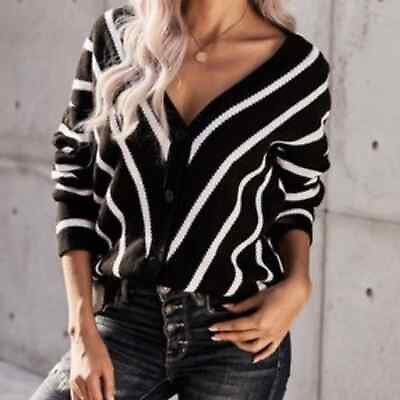#ad Relaxed Fit Button Front V Neck Angular Striped Womens Black White Sweater XL $38.00