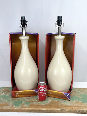 #ad NEW PAIR Table Lamps Vtg Boho MCM Style 1960 Ceramic Vase Bulbous Teardrop Ivory $199.99