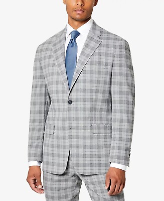#ad NEW Sean John Men#x27;s Grey Plaid Patterned Suit Jacket Gray Size 50L Long NWT $38.49