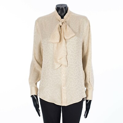 #ad CELINE 1400$ Vanilla Silk Shirt Bow Floral Jacquard Pattern $500.00