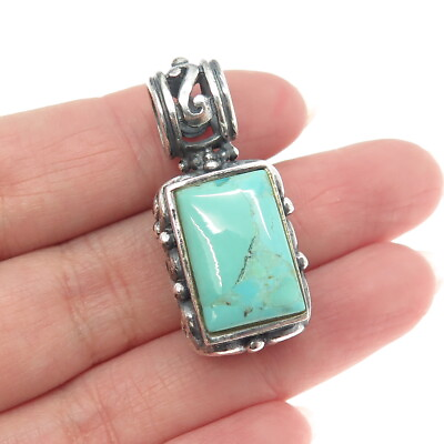 #ad 925 Sterling Silver Vintage Real Turquoise Gemstone Ornate Pendant $89.99