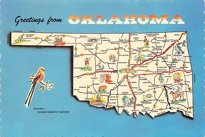 #ad Postcard OK Map Cartography Sooner State Oklahoma Oil 	Scissor tailed Flycatcher $6.01