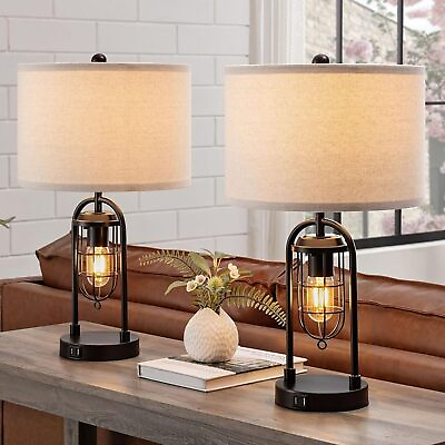#ad 2 Farmhouse Table Lamps with USB Ports and Night Light Modern Nightstand Lamp $89.19