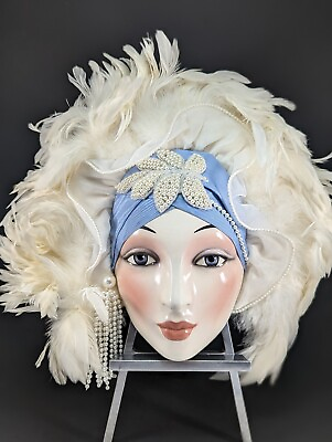#ad Vintage Hand Painted Clay Art Mask Art Deco Style Flapper Feathers and Jewelry $64.97