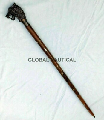#ad Antique Style wolf Head Handle Victorian Style wooden Walking Stick Vintage Cane $39.94
