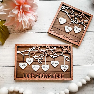 #ad Personalized Wooden Family Tree Sign With Hanging Hearts $45.00