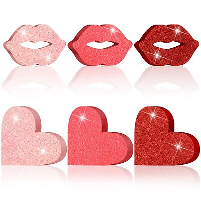 #ad 6 Pieces Valentines Day Decor Glitter Heart Shaped Lips Wooden Signs Valentin... $17.52