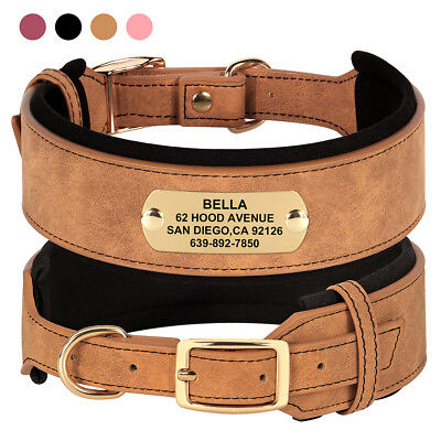#ad Wide Leather Dog Collar Personalized Nameplate Soft Padded for Large Dogs M XL $11.69