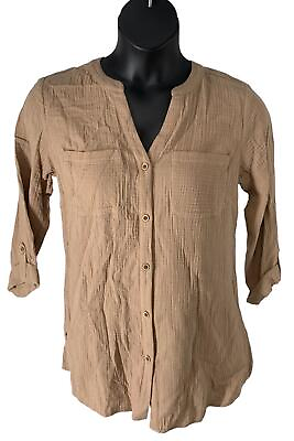 #ad Susan Graver Crinkle Gauze Button Front Shirt Brown $20.99