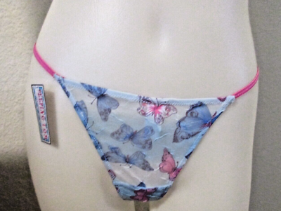 #ad NEW HOT Pink Butterfly Back Thong G String Blue Print Panties Size 5 Sm $10.00